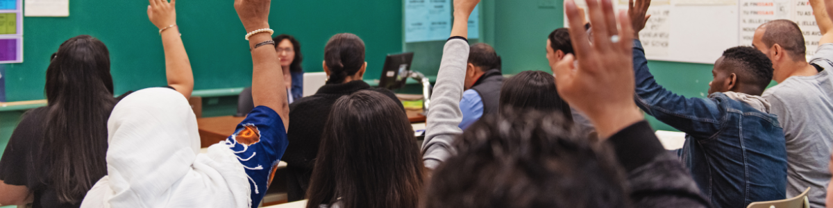 Students raising their hands in a classroom