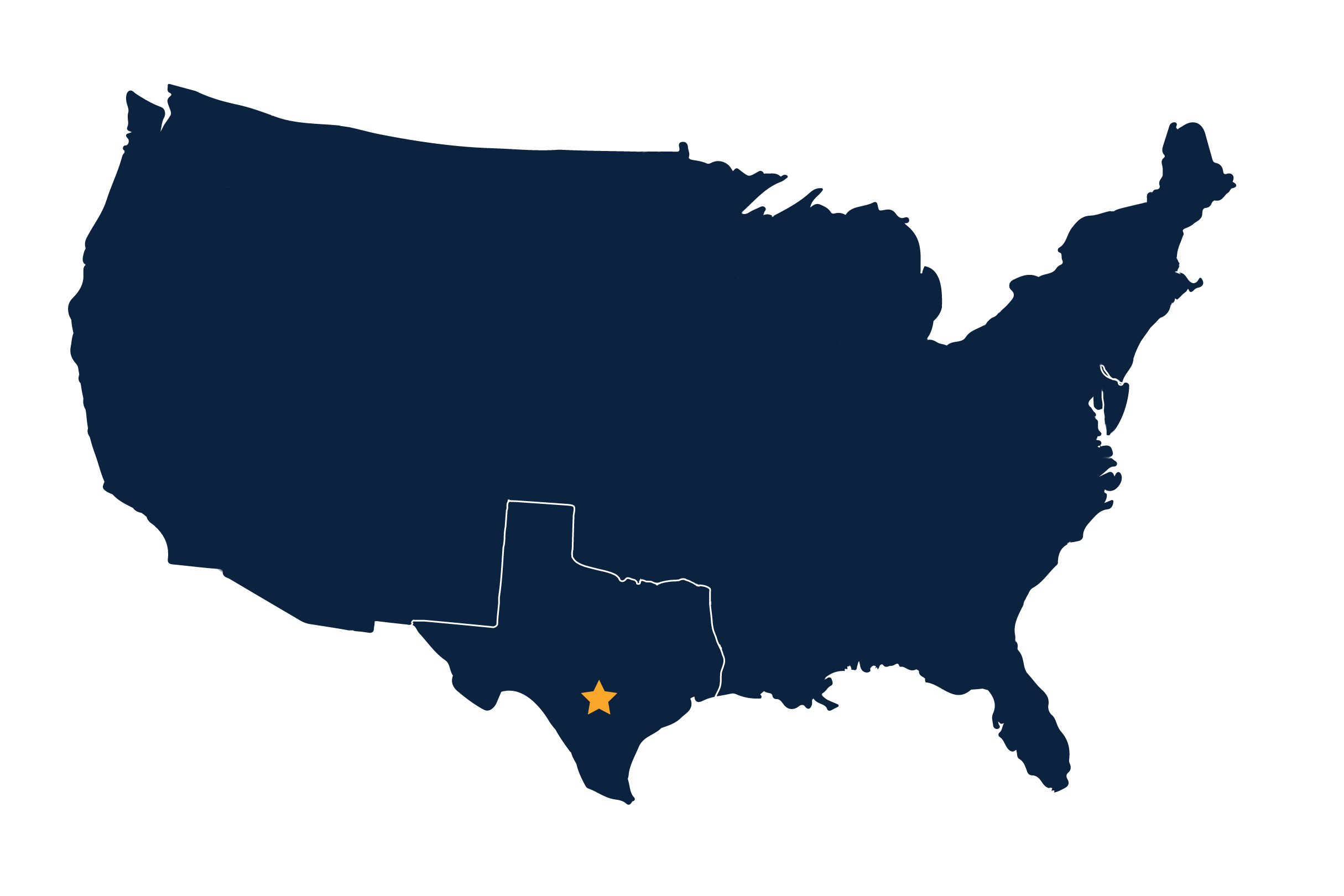 Map of the continental USA with San Antonio marked with a star
