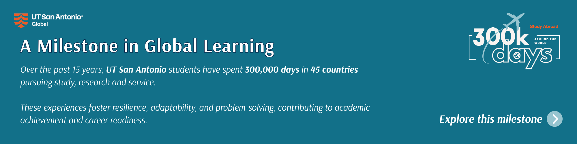 300K Days Around the World Banner in celebration of 15 Years of Global Learning. Banner links to the following site: https://global.utsa.edu/300k-days/