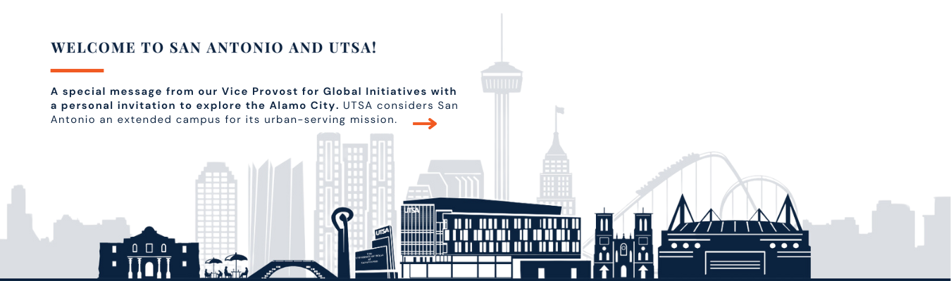 decorative banner welcome to sanantonio and UTSA link to welcome by the VPGI